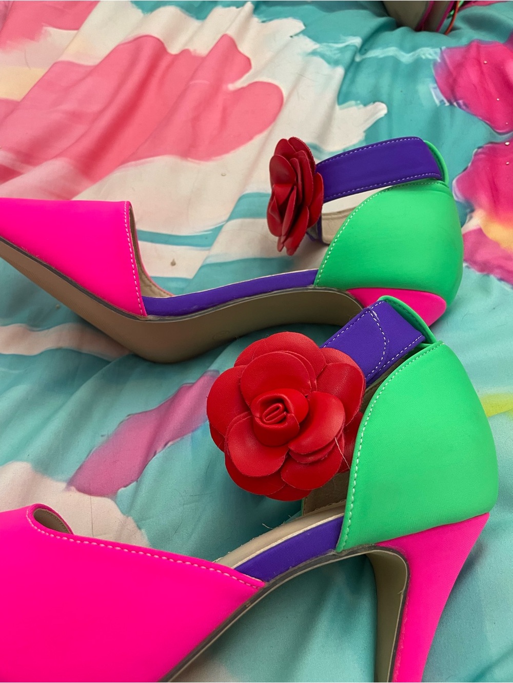 Source Unknown Neon Pink, Green & Purple Floral Accent Heels